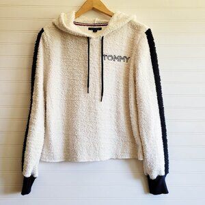 Tommy Hilfiger Hoodie Womens Small Cream Fuzzy Fleeece Pullover Spellout Logo